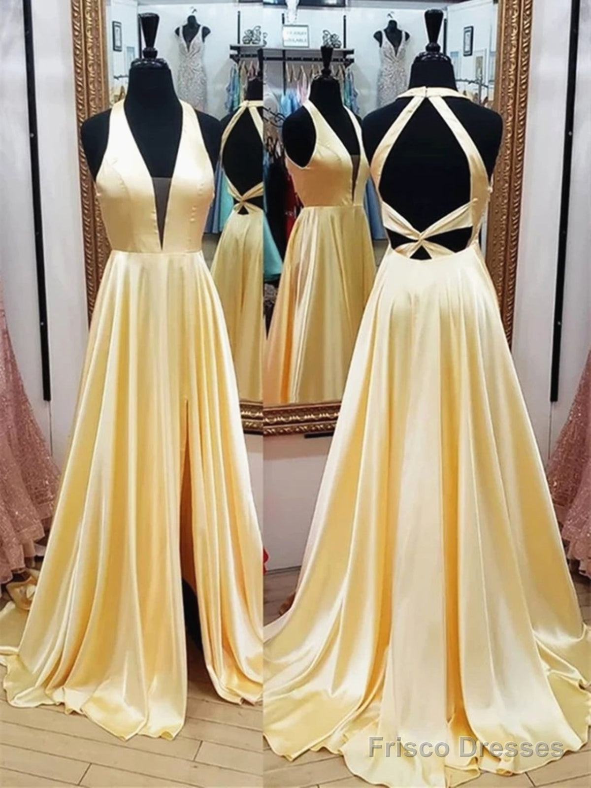 V Neck Backless Yellow Satin Long Prom Dresses, Yellow Open Back Formal Evening Graduation Dresses Main image