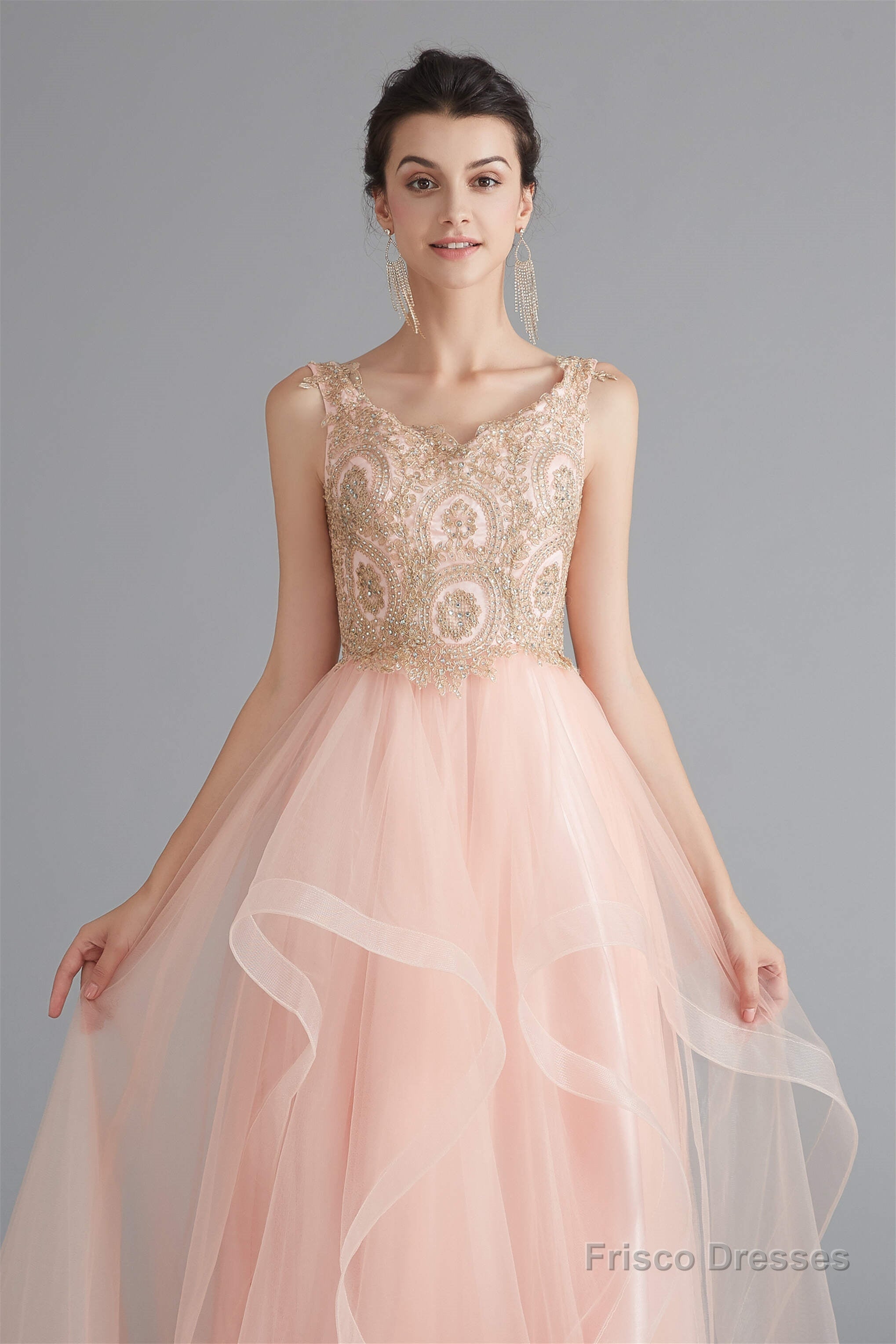V-Neck Beaded Applique Asymmetrical Sleeveless Tulle Prom Dresses