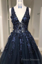 V Neck Beaded Black Lace Appliques Long Formal Prom Dresses, Black Lace Formal Graduation Evening Dresses