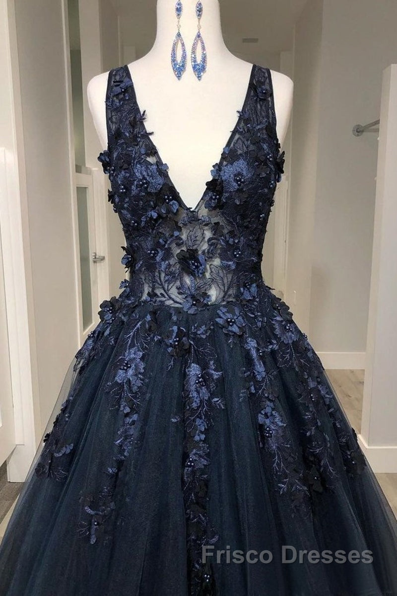 V Neck Beaded Black Lace Appliques Long Formal Prom Dresses, Black Lace Formal Graduation Evening Dresses