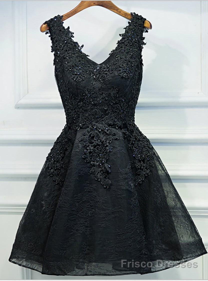 V-neck Beaded Elegance Appliqued Black Lace Homecoming Dresses Main image