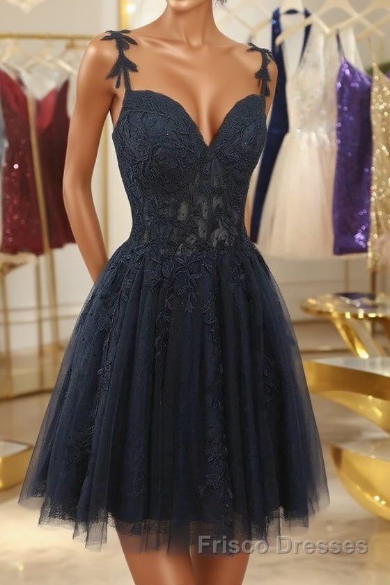V Neck Beaded Navy Blue Lace Formal Prom Dresses, Navy Blue Lace Homecoming Dresses, Short Navy Blue Formal Graduation Evening Dresses Main image