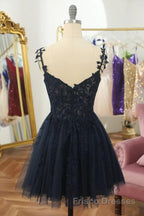 V Neck Beaded Navy Blue Lace Formal Prom Dresses, Navy Blue Lace Homecoming Dresses, Short Navy Blue Formal Graduation Evening Dresses