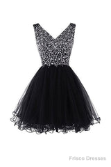 V-Neck Beads Chiffon Homecoming Dress Short Prom Dress