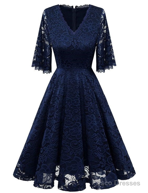 V-Neck Bell Sleeve A-Line Knee Length Lace Bridesmaid Dress Homecoming Dress With Lace Main image