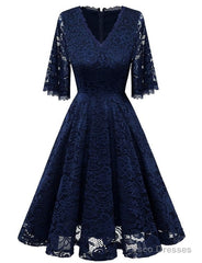V-Neck Bell Sleeve A-Line Knee Length Lace Bridesmaid Dress Homecoming Dress With Lace