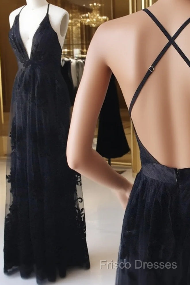 V Neck Black Backless Lace Formal Prom Dress, Open Back Black Lace Formal Bridesmaid Dress Main image