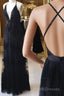 V Neck Black Backless Lace Formal Prom Dress, Open Back Black Lace Formal Bridesmaid Dress