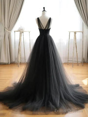 V Neck Black Tulle A Line  Prom Dress