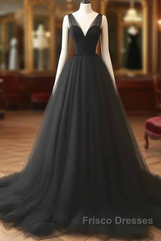 V Neck Black Tulle A Line Formal Prom Dress Main image