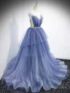 V Neck Blue Beaded Layered Long Prom Dresses, Blue High Low Formal Graduation Dresses