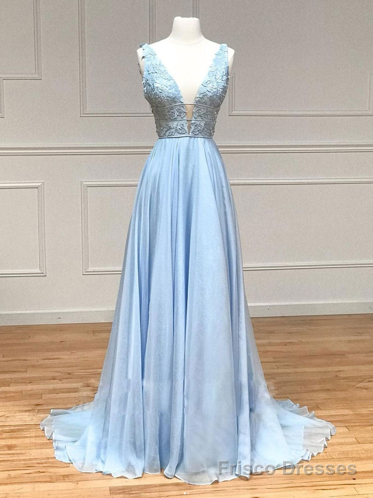V Neck Blue Lace Prom Dresses, Blue V Neck Lace Formal Graduation Dresses Main image