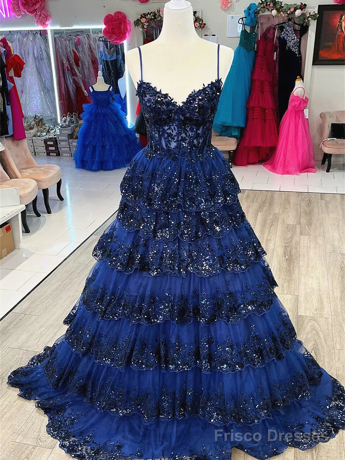 V Neck Blue White Red Layered Lace Prom Dresses, V Neck Blue White Red Lace Formal Evening Dresses Main image