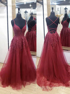V Neck Burgundy Lace Formal Prom Dress Long, Wine Red V Neck Lace Long Formal Dress