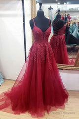 V Neck Burgundy Lace Prom Dresses Long, Wine Red V Neck Lace Long Formal Evening Dresses