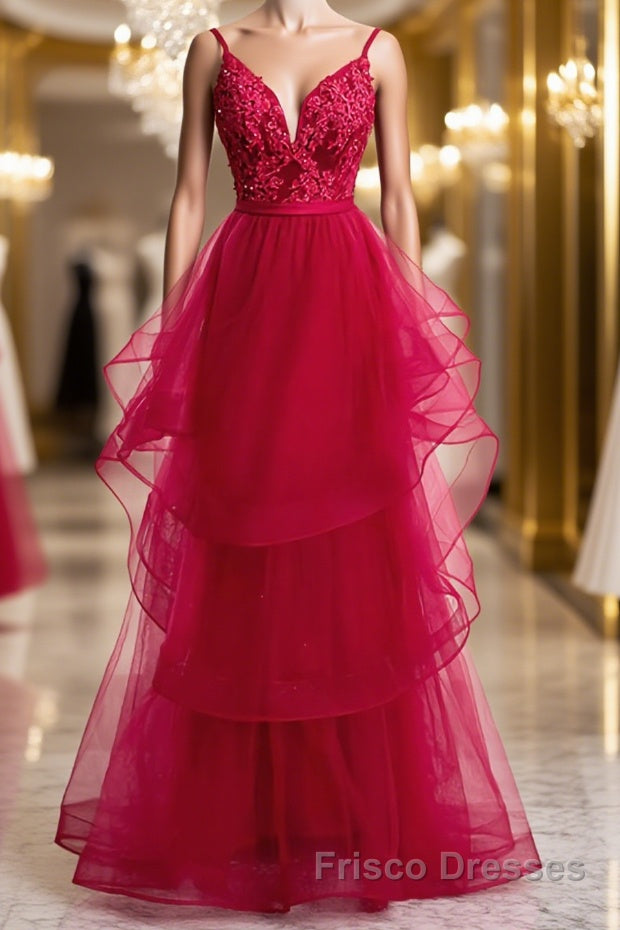 V Neck Burgundy Lace Formal Prom Dresses, Wine Red Lace Formal Evening Graduation Dresses Main image