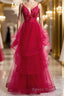 V Neck Burgundy Lace Formal Prom Dresses, Wine Red Lace Formal Evening Graduation Dresses