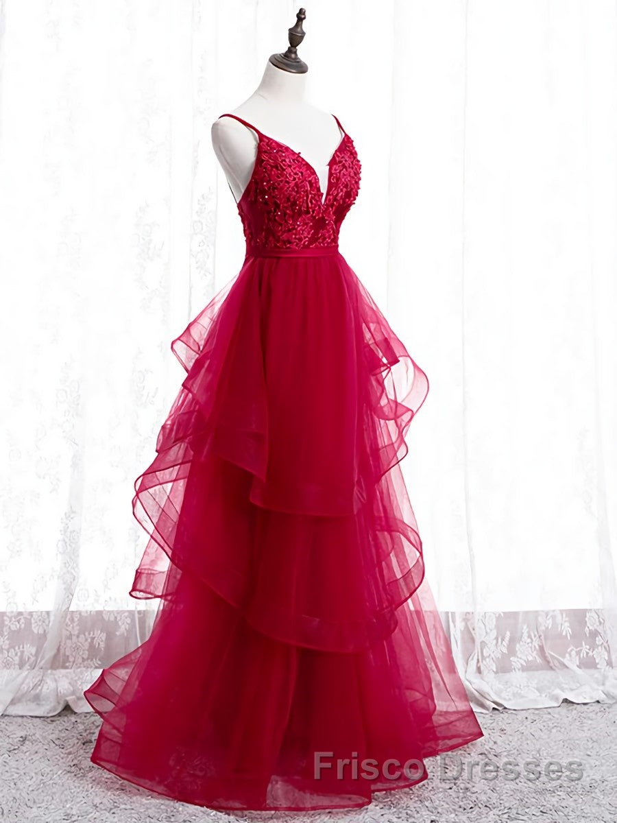 V Neck Burgundy Lace Formal Prom Dresses, Wine Red Lace Formal Evening Graduation Dresses