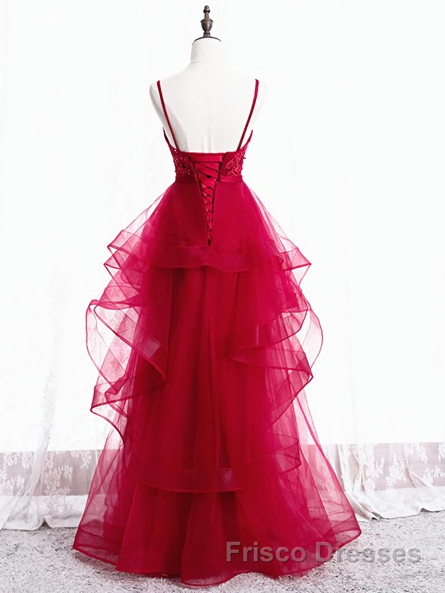 V Neck Burgundy Lace Formal Prom Dresses, Wine Red Lace Formal Evening Graduation Dresses