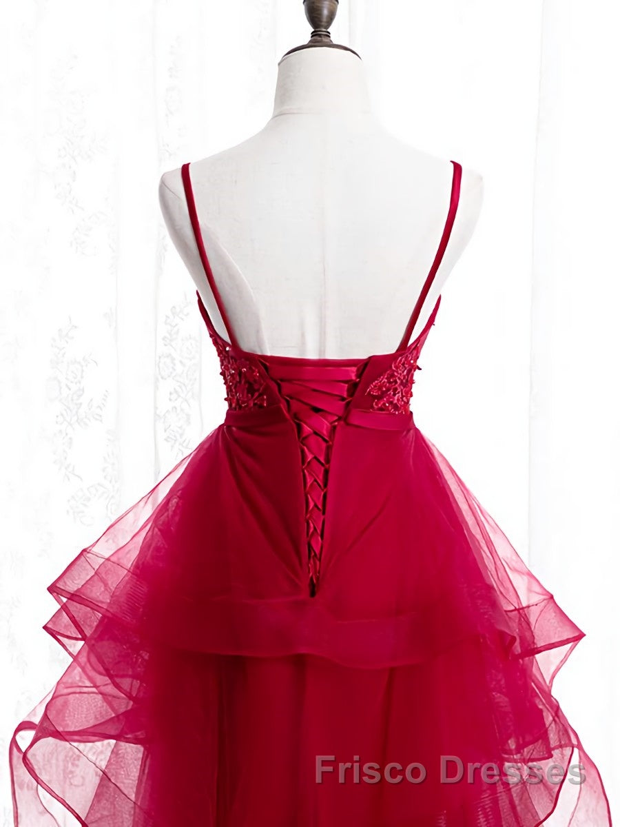V Neck Burgundy Lace Formal Prom Dresses, Wine Red Lace Formal Evening Graduation Dresses