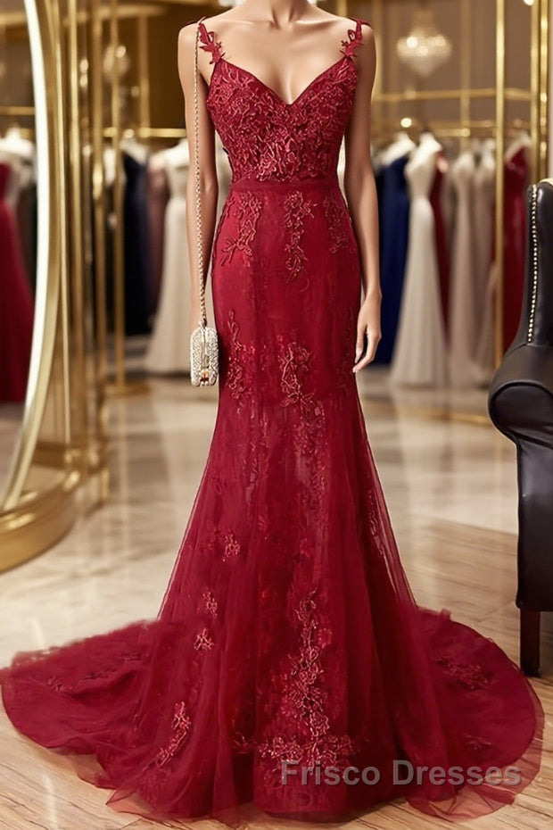 V Neck Burgundy Mermaid Lace Formal Prom Dresses, Wine Red Mermaid Lace Formal Bridesmaid Dresses Main image