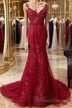 V Neck Burgundy Mermaid Lace Formal Prom Dresses, Wine Red Mermaid Lace Formal Bridesmaid Dresses
