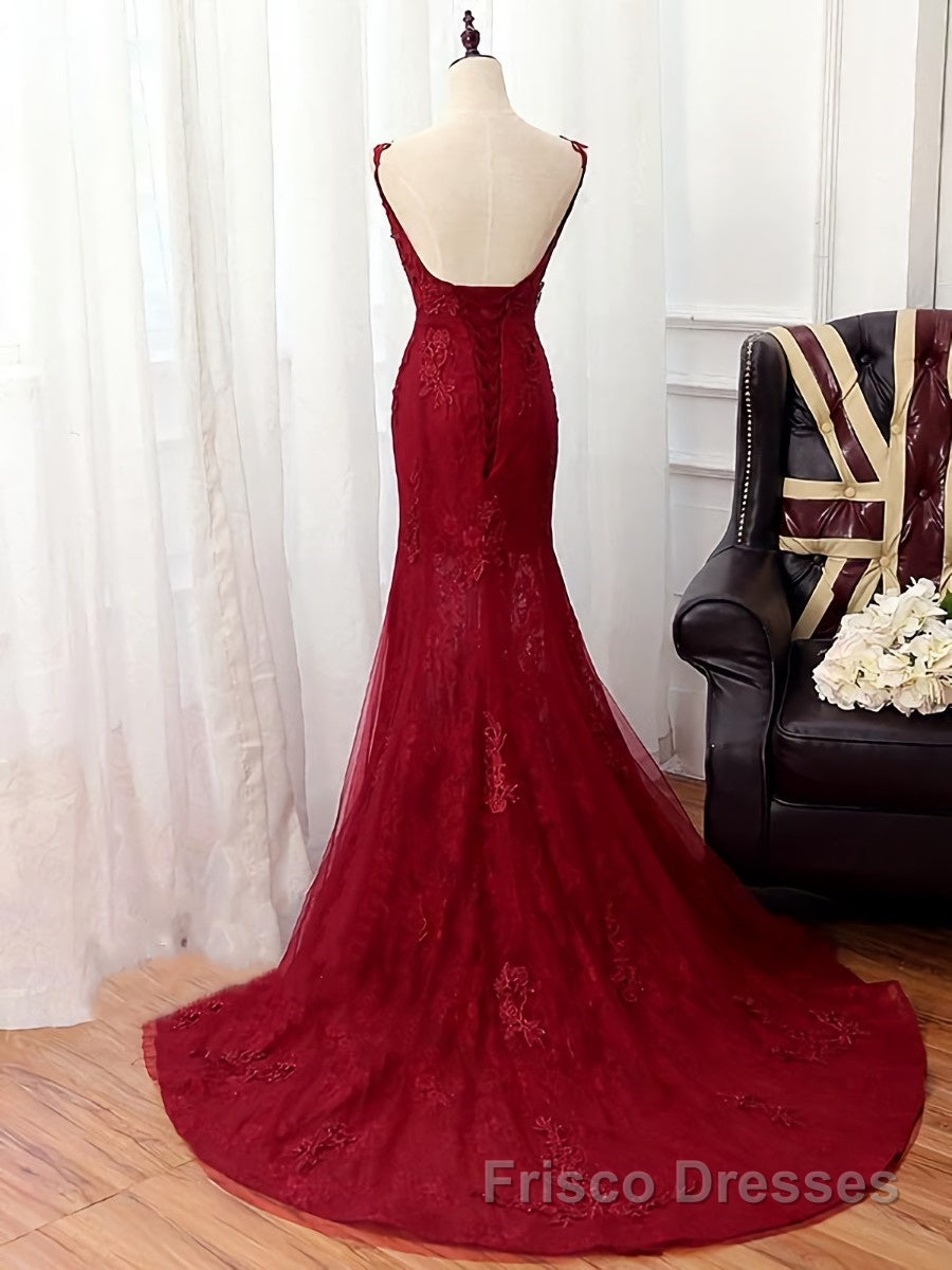 V Neck Burgundy Mermaid Lace Formal Prom Dresses, Wine Red Mermaid Lace Formal Bridesmaid Dresses Secondary image