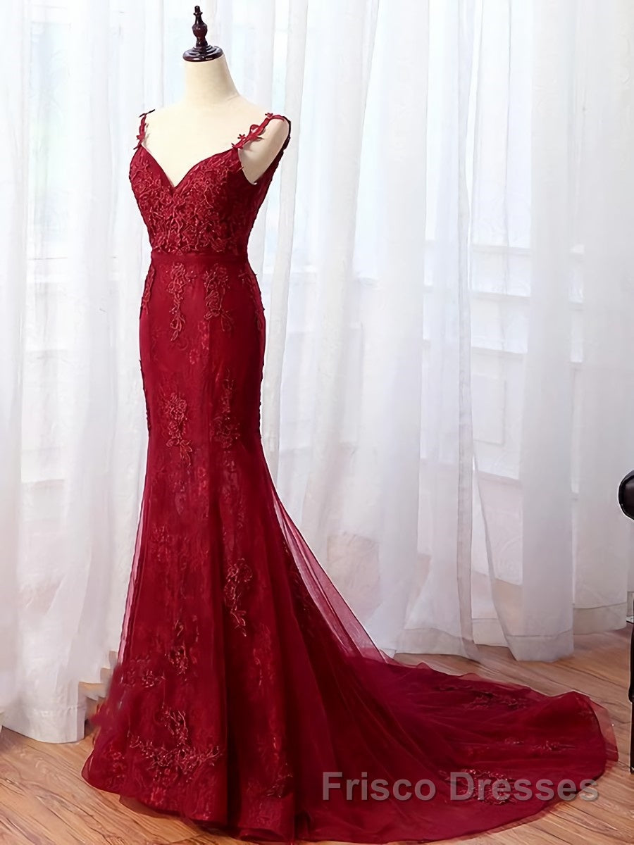 V Neck Burgundy Mermaid Lace Formal Prom Dresses, Wine Red Mermaid Lace Formal Bridesmaid Dresses