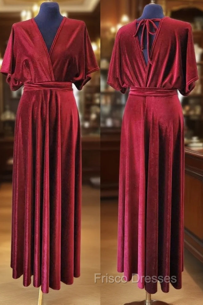 V-Neck Burgundy Velvet Long Bridesmaid Dress Main image