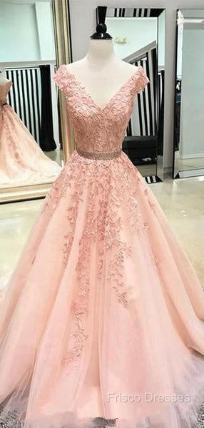 V Neck Cap Sleeves Peach Lace A-Line Long Formal Prom Dress Secondary image