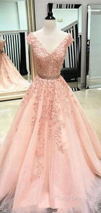 V Neck Cap Sleeves Peach Lace A-Line Long Formal Prom Dress