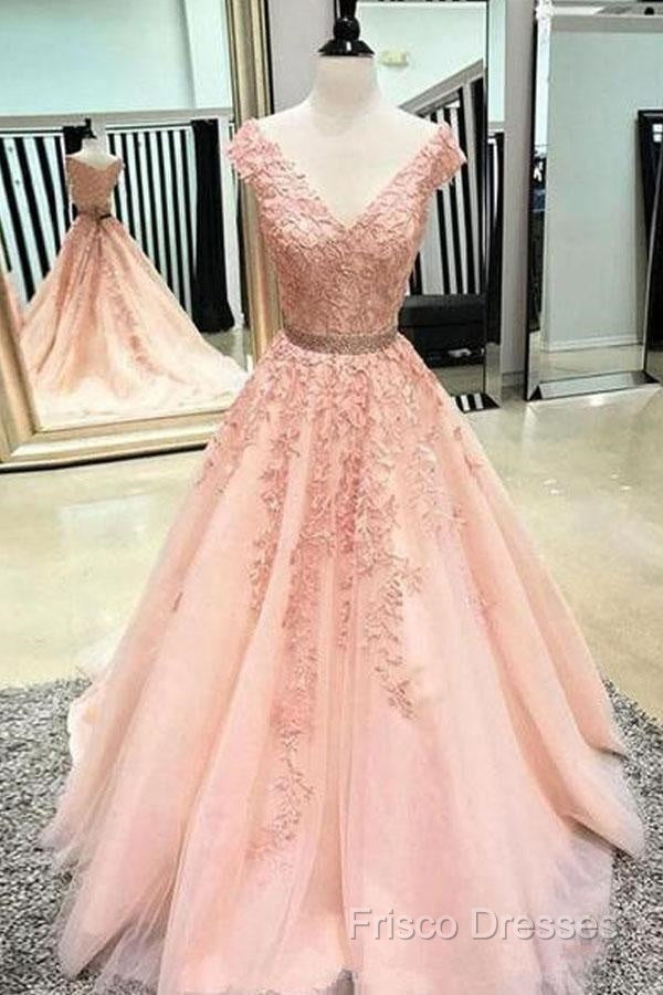 V Neck Cap Sleeves Peach Lace A-Line Long Formal Prom Dress