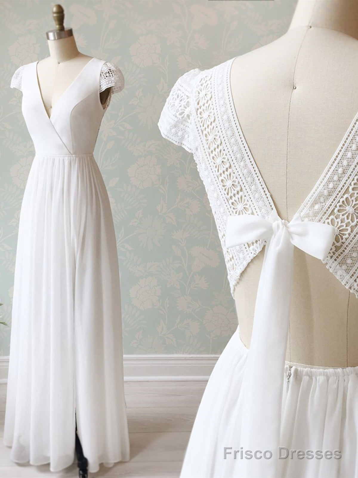 V Neck Cap Sleeves White Long Lace Prom Dresses, Cap Sleeves White Lace Wedding Formal Evening Dresses Main image