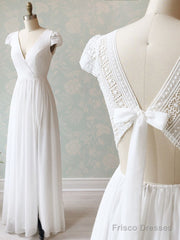 V Neck Cap Sleeves White Long Lace Prom Dresses, Cap Sleeves White Lace Wedding Formal Evening Dresses