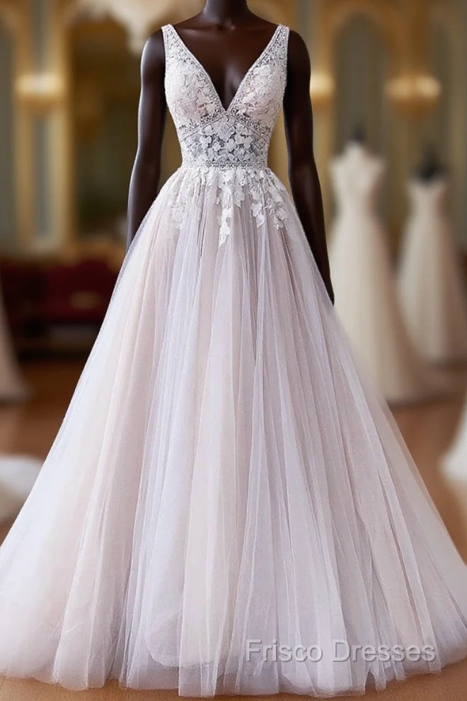 V Neck Champagne Lace Wedding Dress, V Neck Champagne Lace Formal Prom Dress