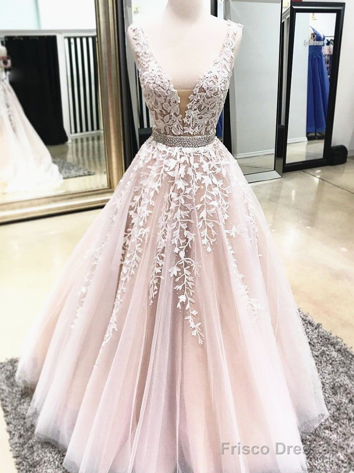 V Neck Champagne Lace Wedding Dresses, V Neck Champagne Lace Prom Formal Dresses Long Main image