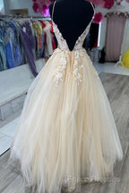 V Neck Champagne Tulle Lace Wedding Dress, Champagne Tulle Lace Formal Prom Dress