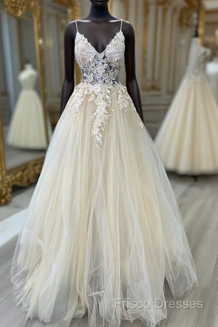 V Neck Champagne Tulle Lace Wedding Dress, Champagne Tulle Lace Formal Prom Dress