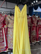 V-neck Chiffon Long Formal Prom Dress, A-line Formal Prom Dress