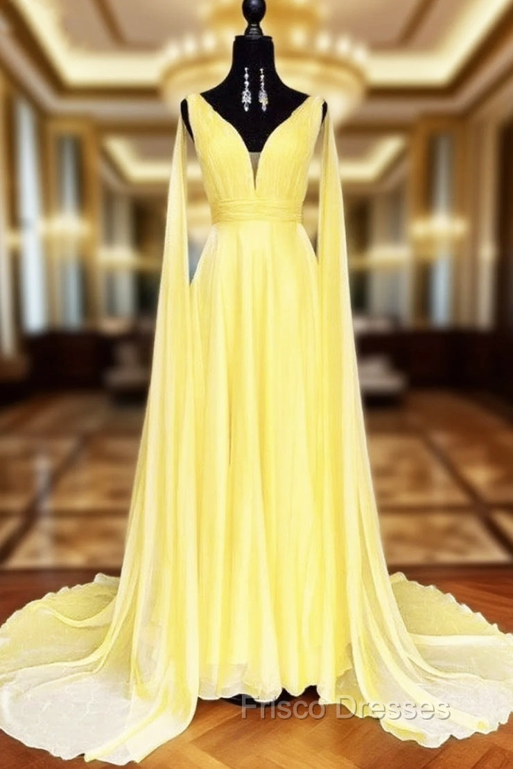 V-neck Chiffon Long Formal Prom Dress, A-line Formal Prom Dress