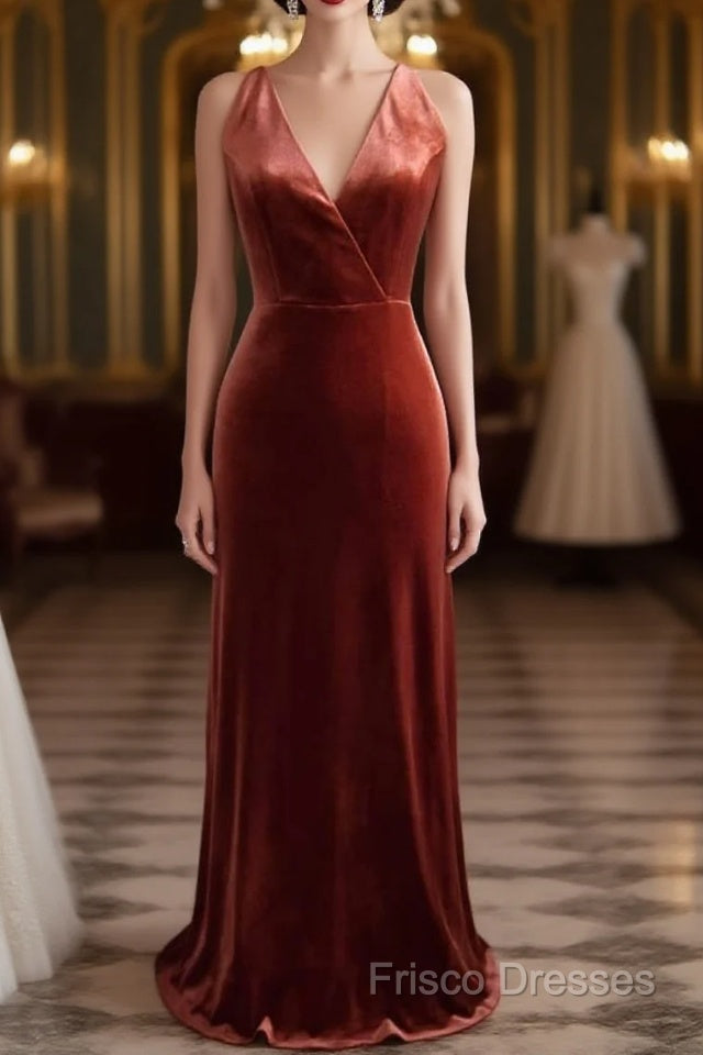 V-Neck Copper Velvet Long Bridesmaid Dress With Strap Back Main image