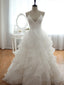 V Neck Court Train Backless White Wedding Dress, Backless Wedding Prom Gowns