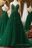 V Neck Dark Green Lace Long Formal Prom Dress, V Neck Dark Green Lace Long Formal Dress