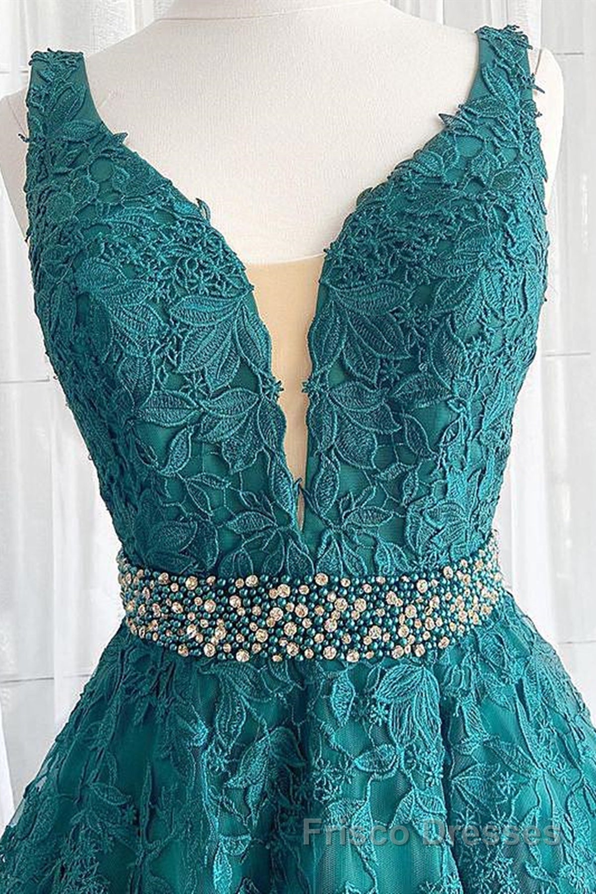 V Neck Dark Green Lace Formal Prom Dresses, Dark Green Lace Formal Evening Dresses Secondary image