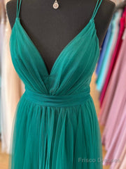 V Neck Dark Green Tulle Long Prom Dresses, V Neck Green Tulle Long Formal Evening Dresses