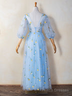 V-neck Embroidery Lace Length Tulle Prom Dress