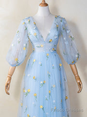 V-neck Embroidery Lace Length Tulle Prom Dress