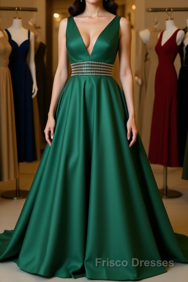 V Neck Emerald Green Satin Long Formal Prom Dresses, Emerald Green Formal Graduation Evening Dresses Main image