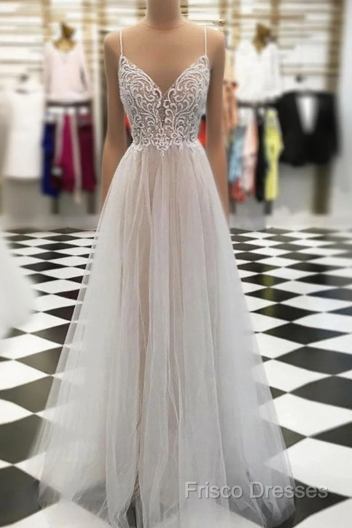 V Neck Floor Length Champagne Lace Formal Prom Dress, Champagne Lace Wedding Dress, Formal Dress Main image