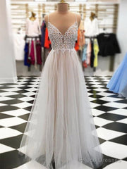 V Neck Floor Length Champagne Lace Prom Dresses, Champagne Lace Wedding Dresses, Evening Dresses